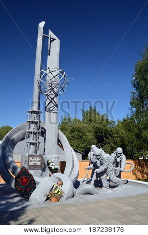 Monumet to firefigters first begin work at place of disaster.May 19, 2017.Chernobyl.Kiev region.Ukraine