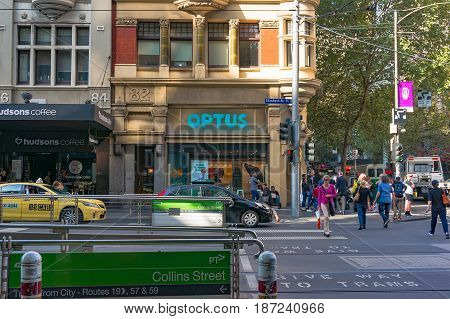 Melbourne Australia - April 4 2017: Collins Street tram station and pedestrian crossing in Melbourne CBD