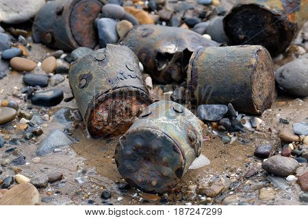 Old world war two munitions and ordnance appearing on UK east coast beach 70 years after disposal.