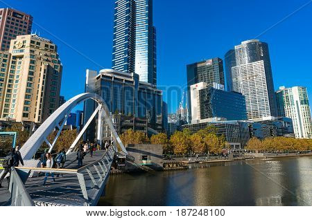 Southbank Pedestrian Bridge With People And Southbank Cityscape