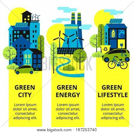 Environmental protection, ecology concept vertical banners set. Vector illustration. Eco-city, green energy, lifstyle. Solar panels. Green city set.