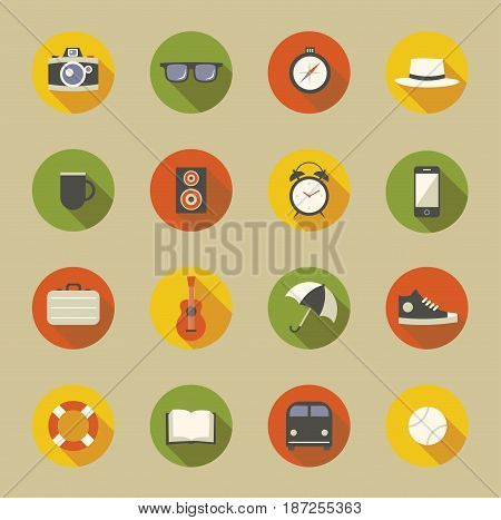 Vector illustration icon set: camera, glasses, compass, hat, drink, music, clock, phone bag guitar umbrella shoes life preserver book bus and tennis ball