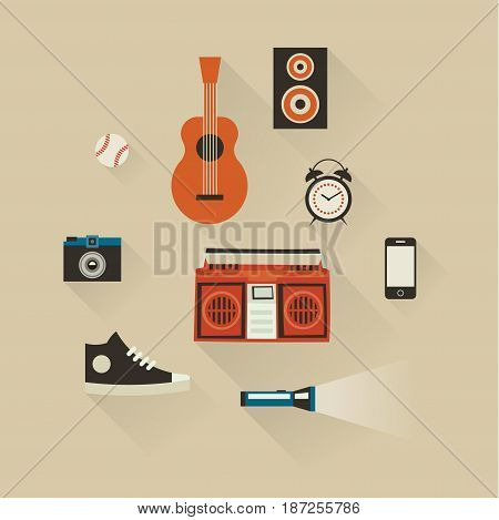 Vector illustration icon set of lifestyle: baseball, guitar, camera, tape recorder, telephone, clock shoes and flashlight