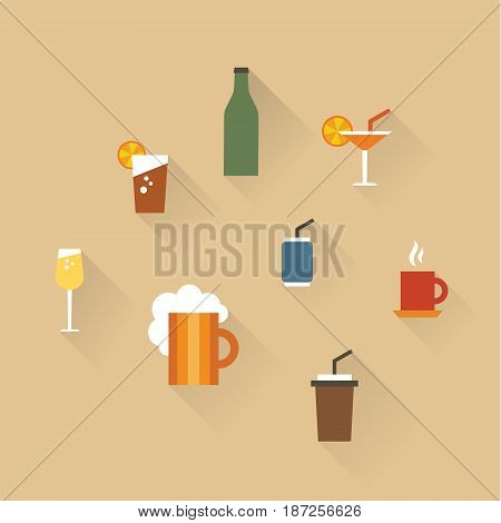 Vector illustration icon set of drinks: tea, lemonade, coffee, champagne beer cocktail