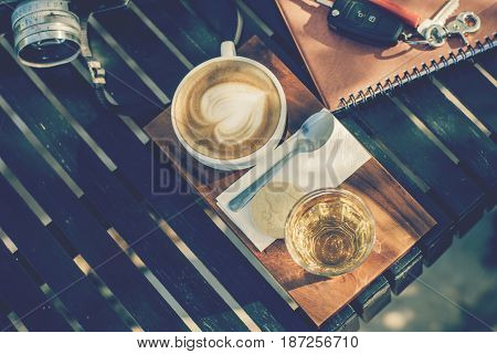 Business and cofee concept on garden.business concept.