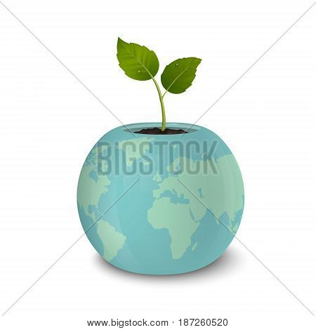 Ecology concept. Earth Day, World environmen day, Save the Earth or Green day. Vector background with sprout in a flower pot with a print of the Earth, isolated on white background. EPS10 illustration.