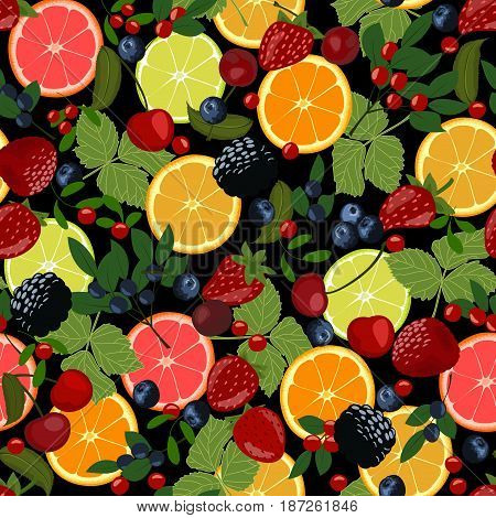 Seamless pattern of berries and citrus. Slices of lemon, orange, lime, blueberries, cranberries, lingonberries, cherries and strawberries.