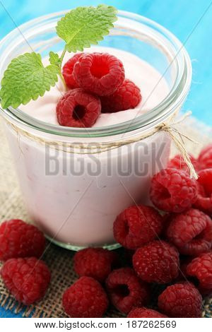 Beautiful Appetizer Pink Raspberries Fruit Smoothie Or Milk Shake In Glass Jar With Berries Backgrou