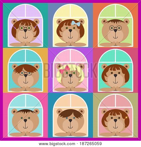 Set of teddy bears classmates looking out of the window. Flat icons. Colorful avatar set, funny girls and boys. Vector illustration for stickers. Children bears with glasses spectacles, ribbons, pins