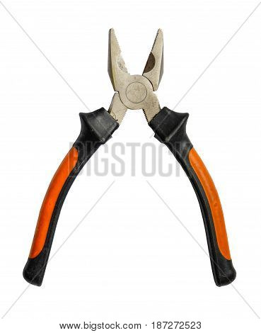 Iolated Grungy Pliers With Plastic Orange Handle On A White Background
