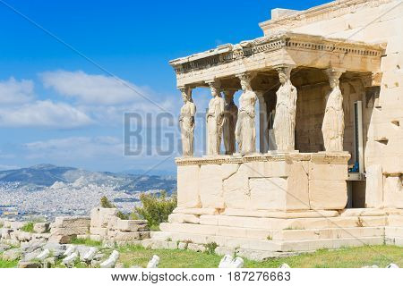 facade of of Erechtheion temple in Acropolis of Athens, Greece
