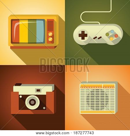 Vector flat illustration, icon set of vintage: TV, joystick, photo camera radio