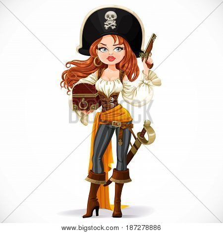 Beautiful Pirate Woman In Big Hat With A Flint Pistol In Her Hand Isolated On A White Background