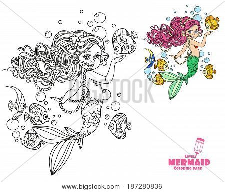 Beautiful Little Mermaid Girl Coloring Page On A White Background