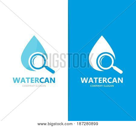 Vector of oil and loupe logo combination. Drop and magnifying glass symbol or icon. Unique water, aqua and search logotype design template.