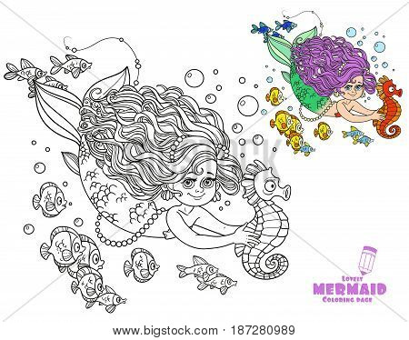Beautiful Little Mermaid Girl Swimming With Sea Horse In The Hands Coloring Page On A White Backgrou