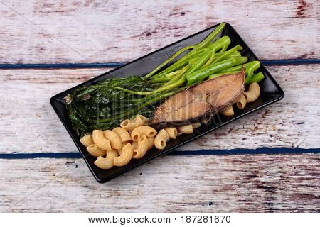 Fried Chinese Kale And Macaroni With Deep-fried Dried Salted Sea Fish.