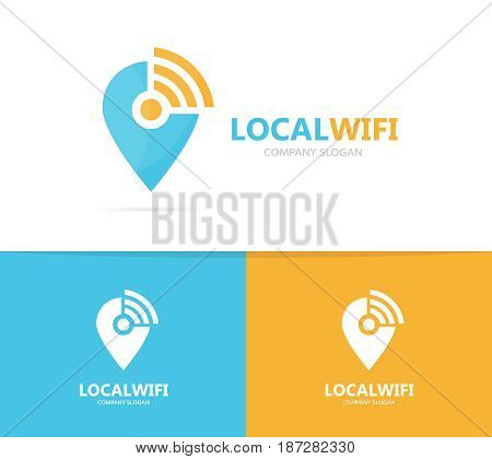 Vector of map pointer and wifi logo combination. GPS locator and signal symbol or icon. Unique pin and radio, internet logotype design template.