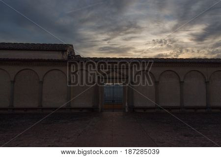 Italy Florence - December 24 2016: the view of the entrance of Florence Charterhouse church Certosa di Galluzzo di Firenze. View from inner courtyard on December 24 2016 in Florence Tuscany Italy.