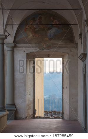 Italy Florence - December 24 2016: detailed view of the fore courtyard of Florence Charterhouse church Certosa di Galluzzo di Firenze on December 24 2016 in Florence Tuscany Italy.
