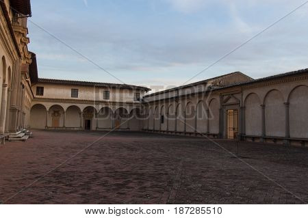 Italy Florence - December 24 2016: the view of the fore courtyard and entrance of Florence Charterhouse church Certosa di Galluzzo di Firenze on December 24 2016 in Florence Tuscany Italy.