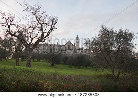 Italy Florence - December 24 2016: the view of the Florence Charterhouse church and green grass and trees on foreground Certosa di Galluzzo di Firenze on December 24 2016 in Florence Tuscany Italy.