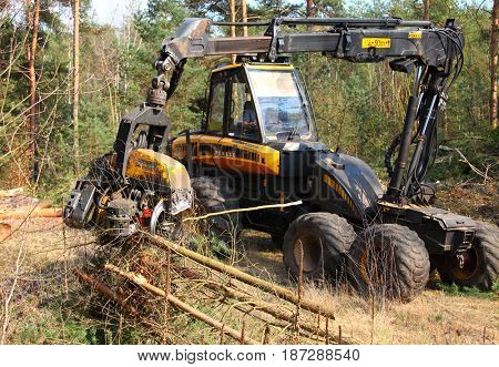 PILSEN CZECH REPUBLIC - APRIL 5, 2017: unidentified lumberjack with modern harvester Ponsse Ergo 6W working in a forest. Forestry is Czech's traditional industry with a very long history. 