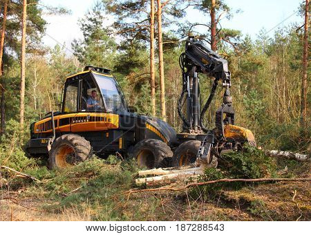 PILSEN CZECH REPUBLIC - APRIL 5, 2017: unidentified lumberjack with modern harvester Ponsse Ergo 6W working in a forest. Forestry is Czech's traditional industry with a very long history. 