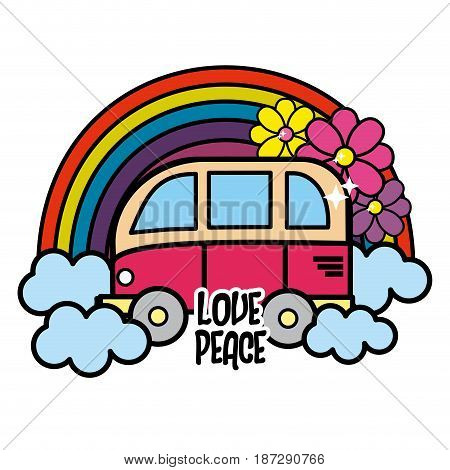 cute minibus with rainbow, clouds and flowers, vector illustration