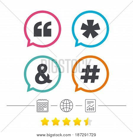 Quote, asterisk footnote icons. Hashtag social media and ampersand symbols. Programming logical operator AND sign. Calendar, internet globe and report linear icons. Star vote ranking. Vector