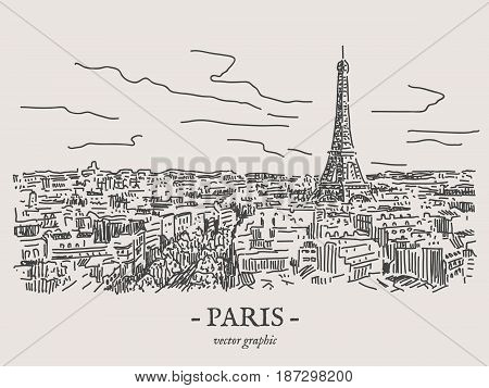 Paris city retro vintage vector drawing on gray backgtound