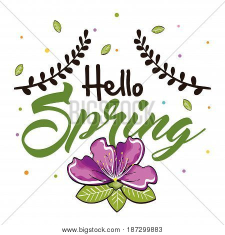 Hello spring card with purple flower, green leaves and silhouettes. Vector illustration.