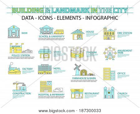 Set of Flat line icon & infographic design conceptBuildings landmark city