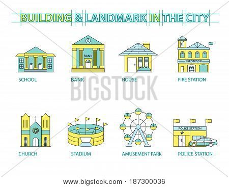 Set of Flat line icon & infographic design concept Buildings landmark city 01