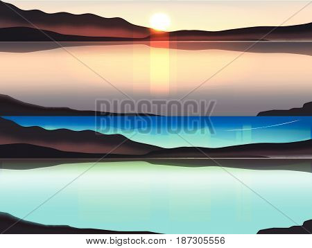 Illustration of Sun rise Behind the mountain. and Aurora borealis above snowy islands of Lofoten