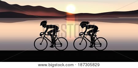 Bicycle Racing Silhouette Sunset Background,vector Illustration  Character.