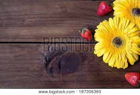 Yellow Gerbera flower and strawberry on dark wooden background. space for text