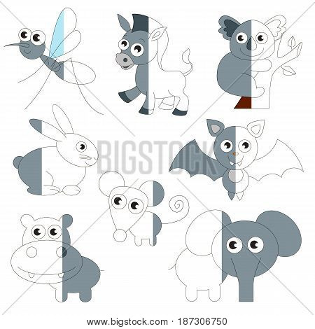 Cute Grey Color Animals, the big collection coloring book to educate preschool kids with easy gaming level, the kid educational game to color the colorless half by sample.