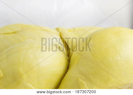 Close up of peeled durian. Close up of peeled durian flesh isolated on white background.