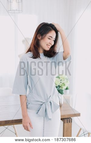Portrait Of Beautiful Asian Girl With Beautiful Clothing And Relex Posting.