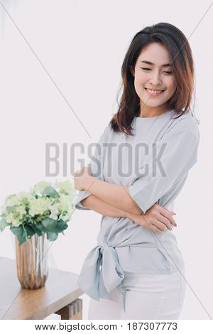 Portrait Of Beautiful Asian Girl With Beautiful Clothing And Relex Posting.