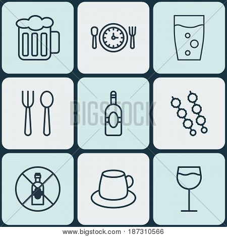 Set Of 9 Food Icons. Includes Hooch, Soda Drink, a And Other Symbols. Beautiful Design Elements.