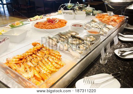 Cuisine Seafood Line At Food Buffet