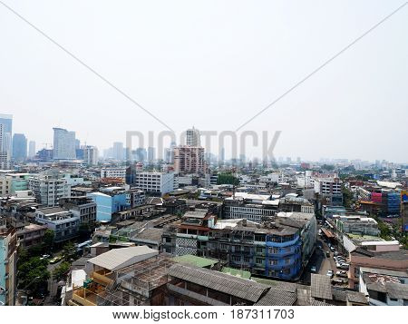 Aerial View Of Landscape And Cityscape With Traffic Road At Hua Lamphong Of Bangkok City