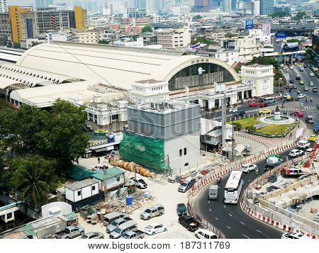 Aerial View Of Landscape And Cityscape With Traffic Road At Hua Lamphong Of Bangkok City
