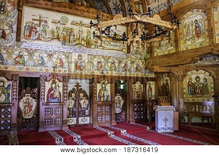 Barsana, Romania - May 1, 2014: Interior of wooden church of Barsana monastery. Maramures region