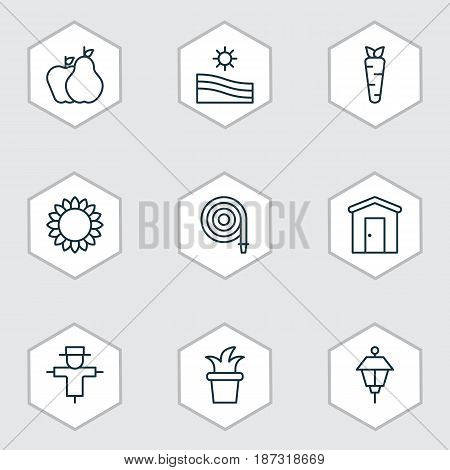 Set Of 9 Agriculture Icons. Includes Helianthus, Farmhouse, Bugbear And Other Symbols. Beautiful Design Elements.