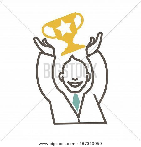Male faceless character black outline logotype design. Man in suit and tie raises victoriously hands and gold cup with star engraving above head with forelock isolated vector illustration on white
