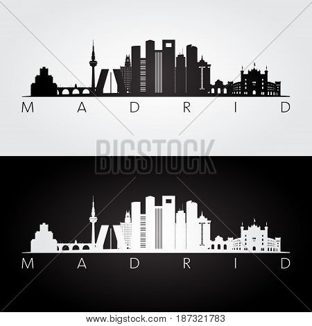 Madrid skyline and landmarks silhouette black and white design vector illustration.