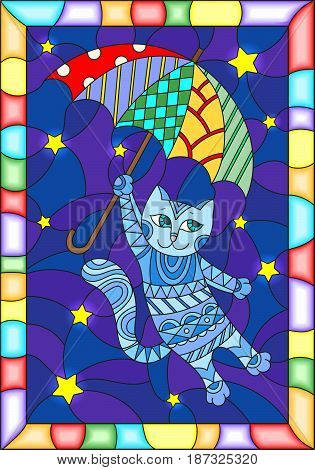 Illustration in stained glass style with funny flying cat on the umbrella against the starry night sky